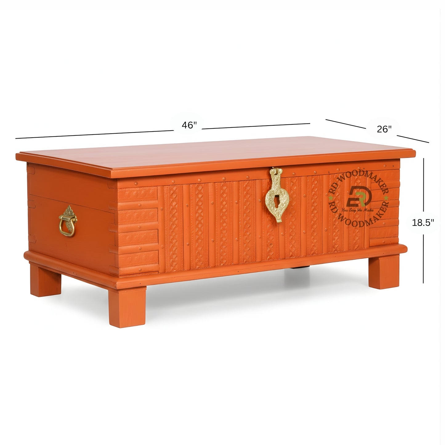 TRADITIONAL ORANGE CARVED WOODEN STORAGE TRUNK WITH METAL LOCK