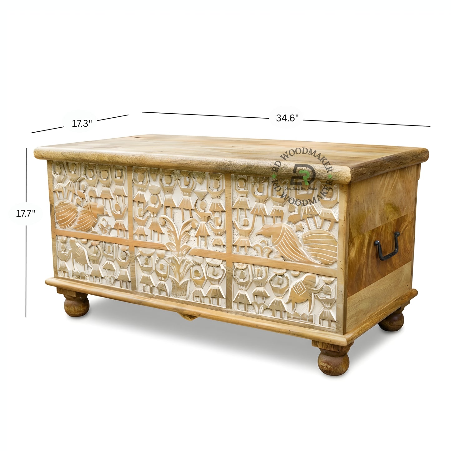 HANDCARVED ARTISTIC WOODEN STORAGE TRUNK WITH TRIBAL DESIGN