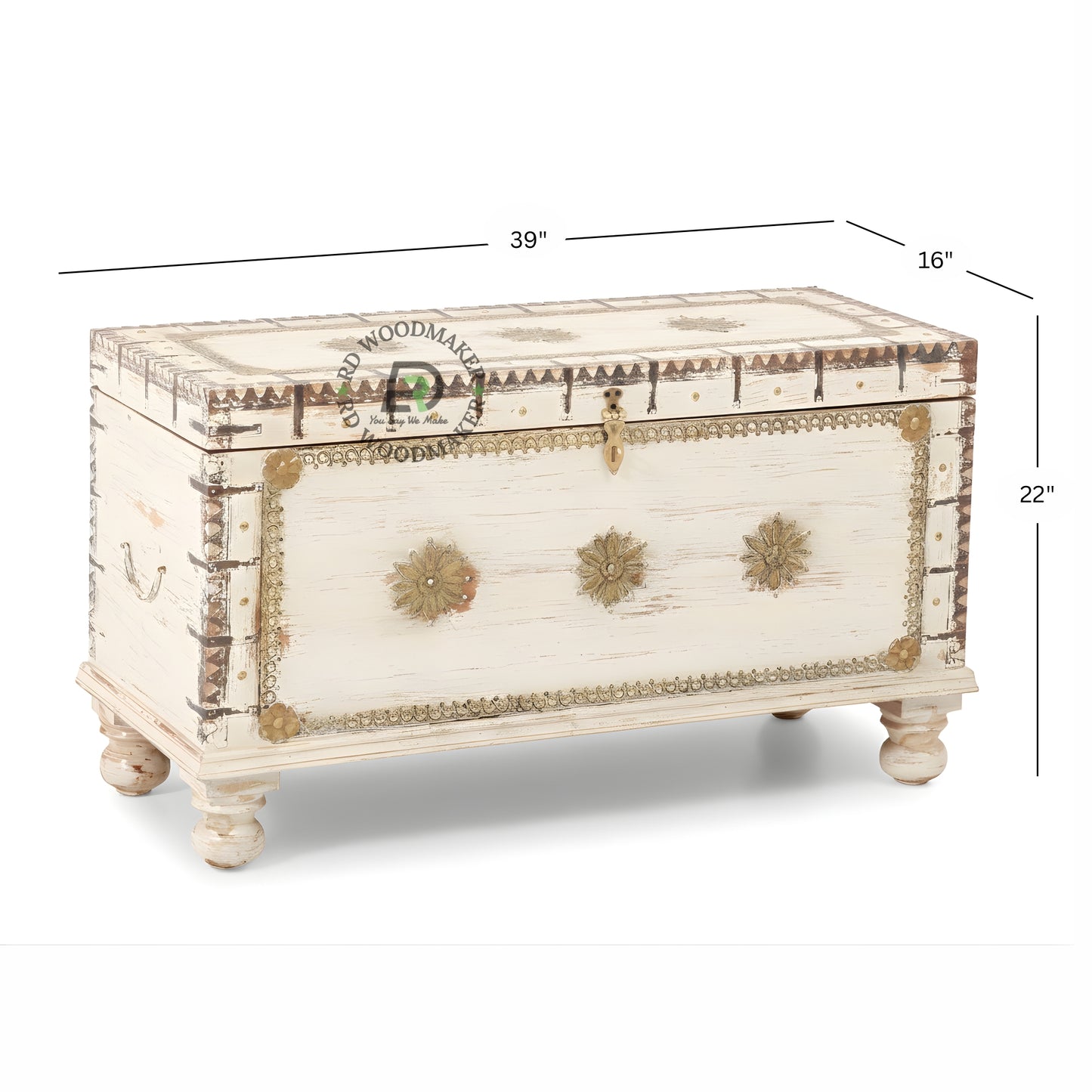 RUSTIC WHITE DISTRESSED HANDCRAFTED STORAGE TRUNK WITH METAL DETAILING