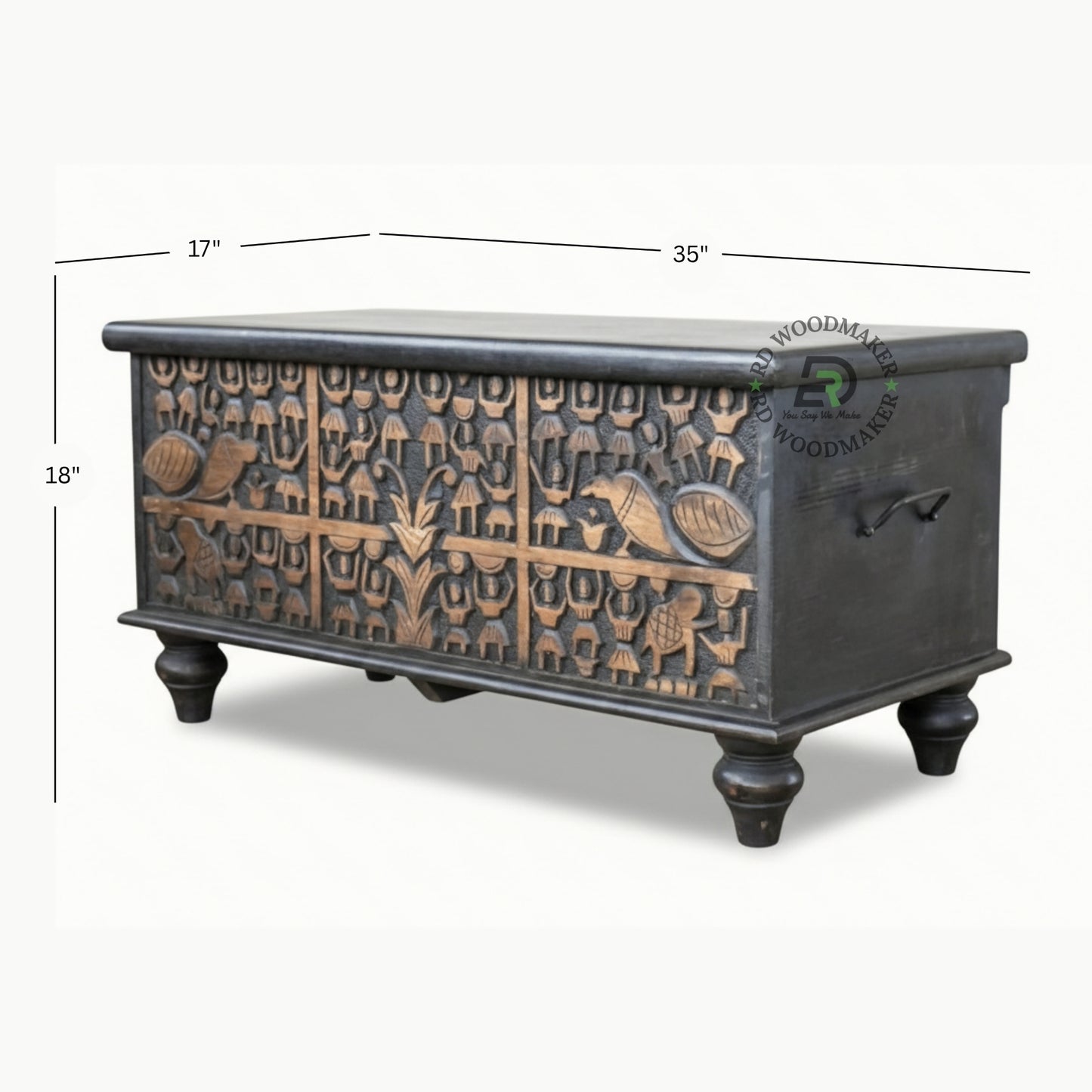 BLACK TRIBAL CARVED WOODEN STORAGE TRUNK WITH METAL HANDLES