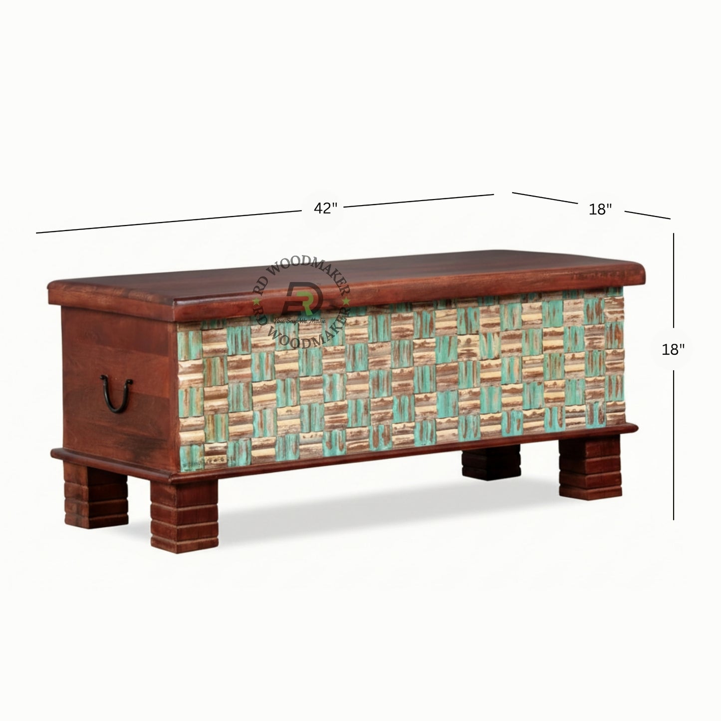 RUSTIC TEAL WOVEN BLOCK PATTERN WOODEN TRUNK