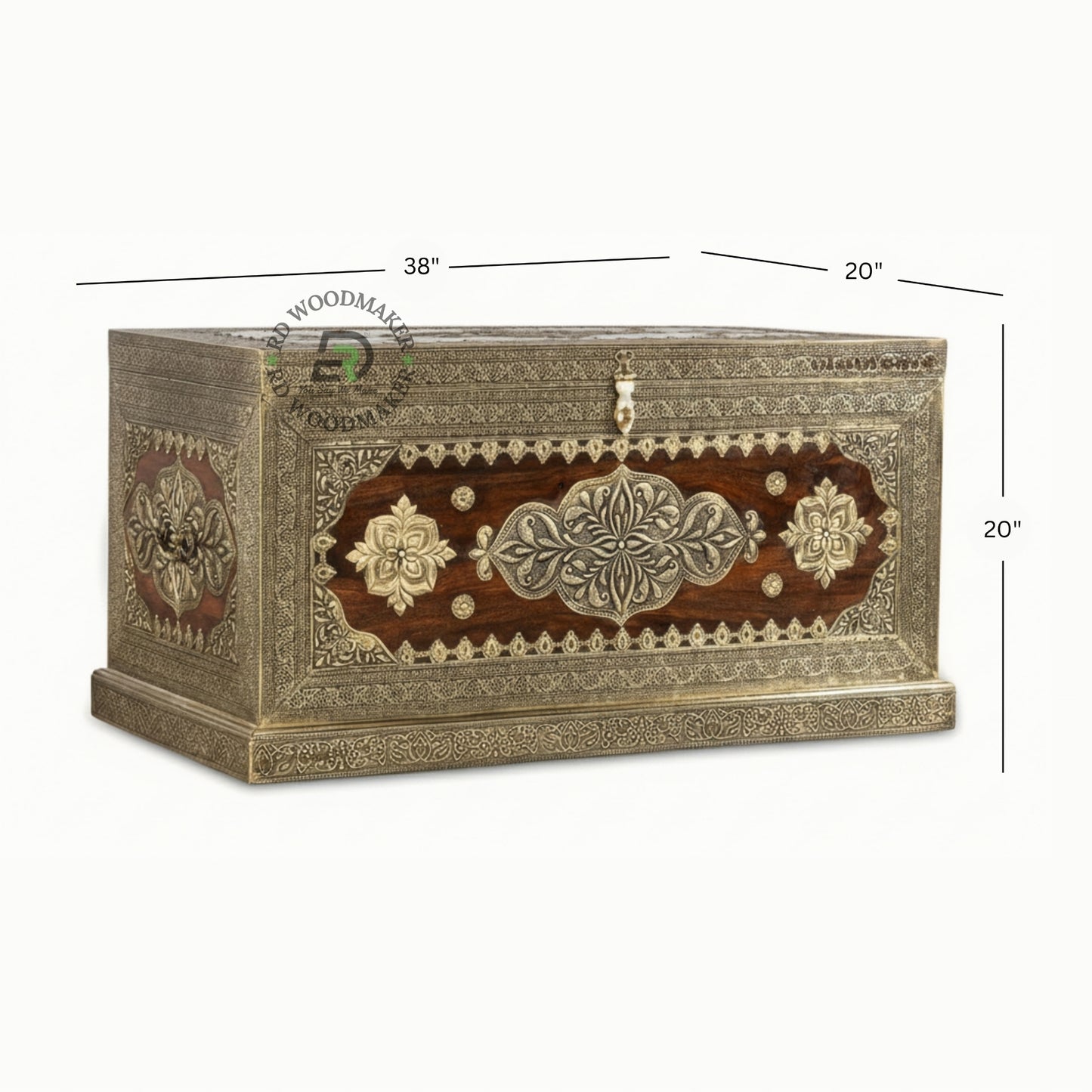 ANTIQUE BRASS INLAY DARK WOOD STORAGE TRUNK