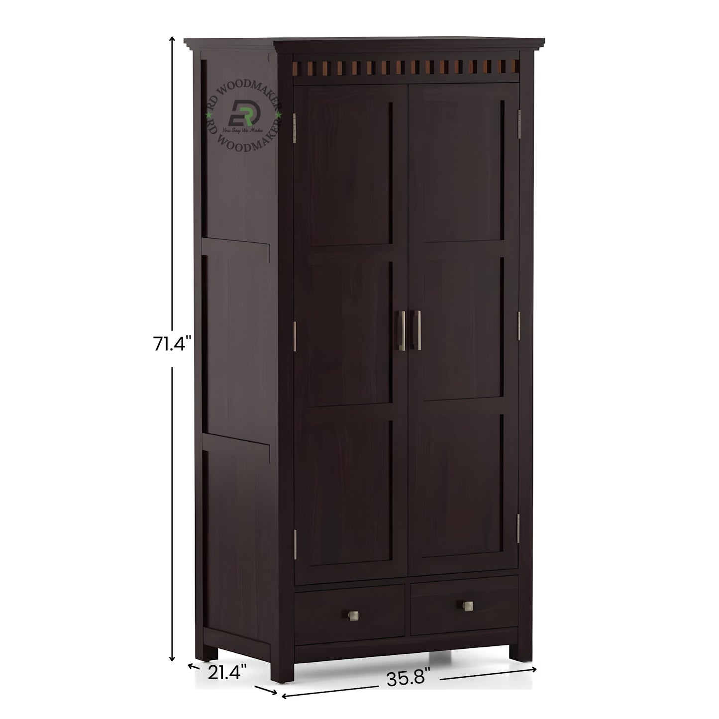 TALL DARK WOOD ARMOIRE WITH 2 DOORS AND 2 DRAWERS
