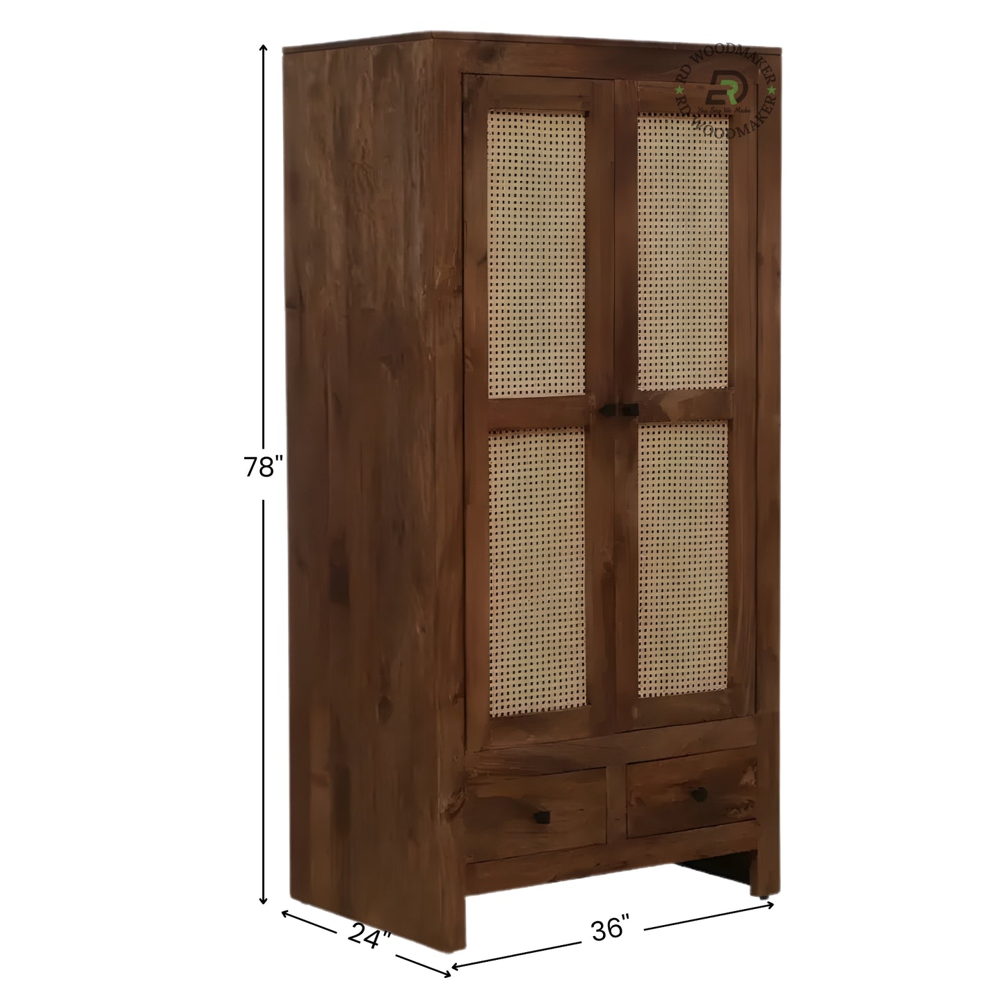 TRADITIONAL SOLID WOOD 2-DOOR WARDROBE WITH CANE PANELS AND 2 DRAWERS
