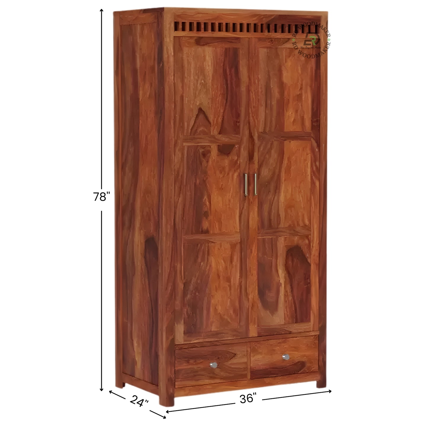 RUSTIC SOLID WOOD 2-DOOR WARDROBE WITH GLASS X-PANELS AND 3 DRAWERS