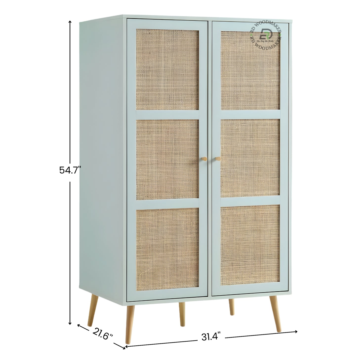 MODERN LIGHT BLUE 2-DOOR WARDROBE WITH RATTAN CANE PANELS