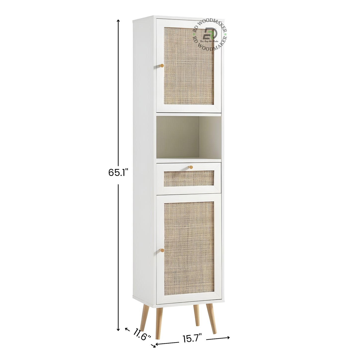 MODERN WHITE RATTAN SLIM STORAGE WARDROBE CABINET WITH DRAWER & OPEN SHELF