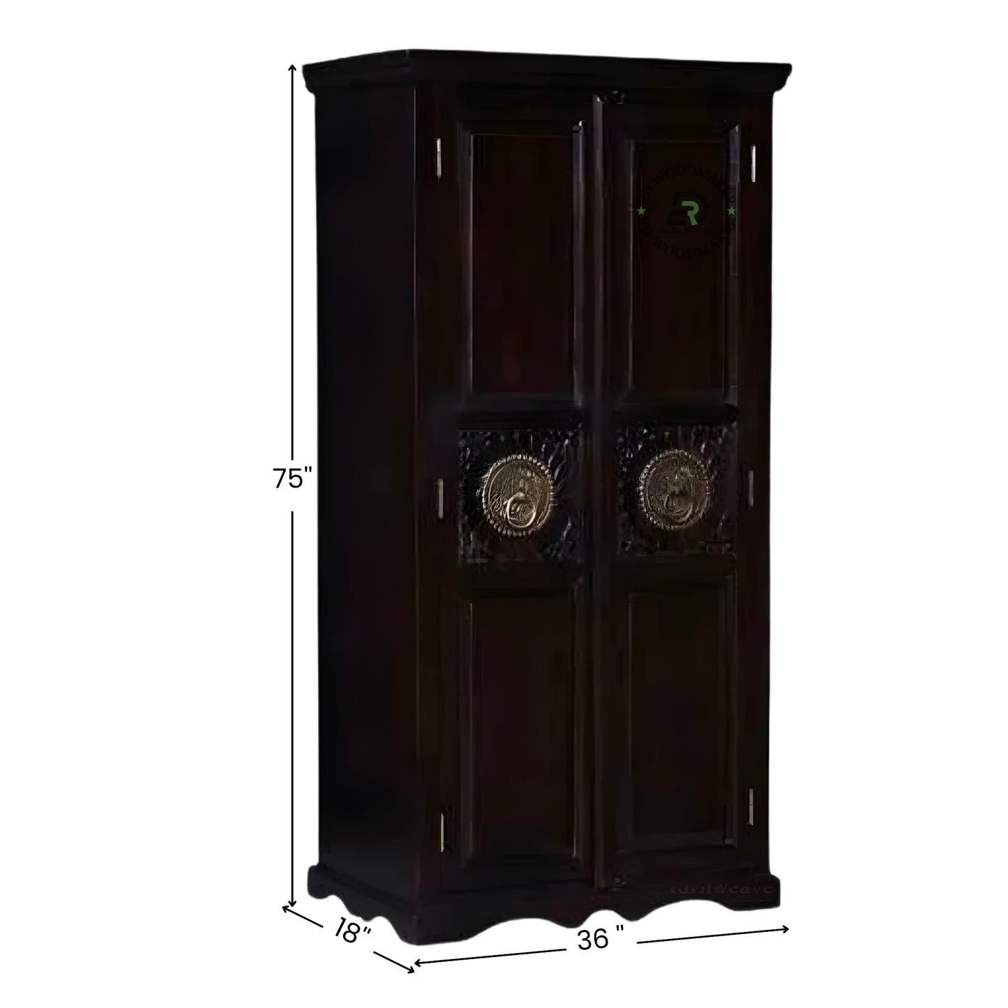 CLASSIC DARK WOOD DOUBLE DOOR WARDROBE WITH HANDCARVED METAL ACCENTS
