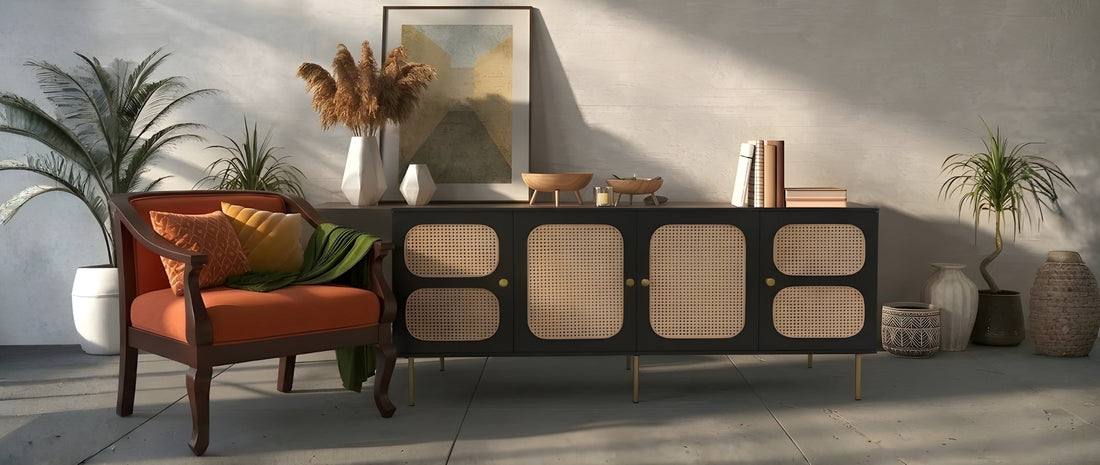 Warm & Modern Living Room Ideas with Natural Wood & Cane Furniture