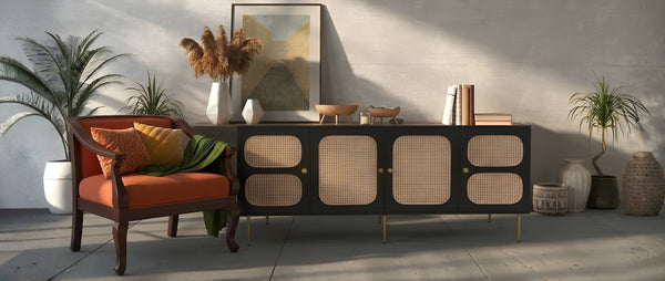 Warm & Modern Living Room Ideas with Natural Wood & Cane Furniture
