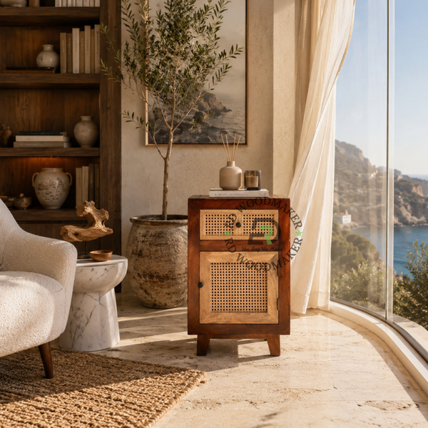 MODERN CANE WOOD BEDSIDE TABLE