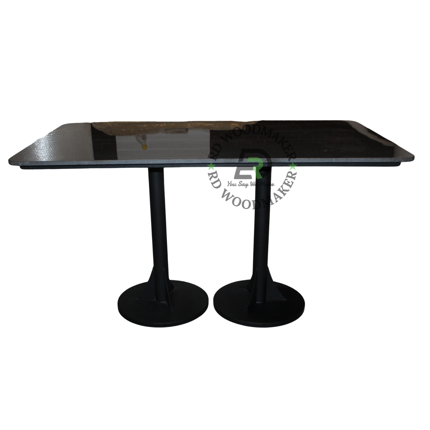 MODERN RECTANGULAR DARK TOP DINING TABLE WITH TWIN ROUND PEDESTALS