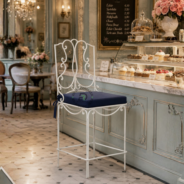 PREMIUM DECORATIVE WHITE METAL COUNTER CHAIR WITH BLUE CUSHION