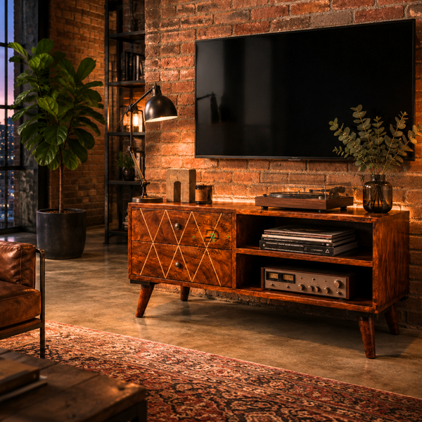 MID-CENTURY MODERN SOLID WOOD TV UNIT WITH GEOMETRIC DRAWERS