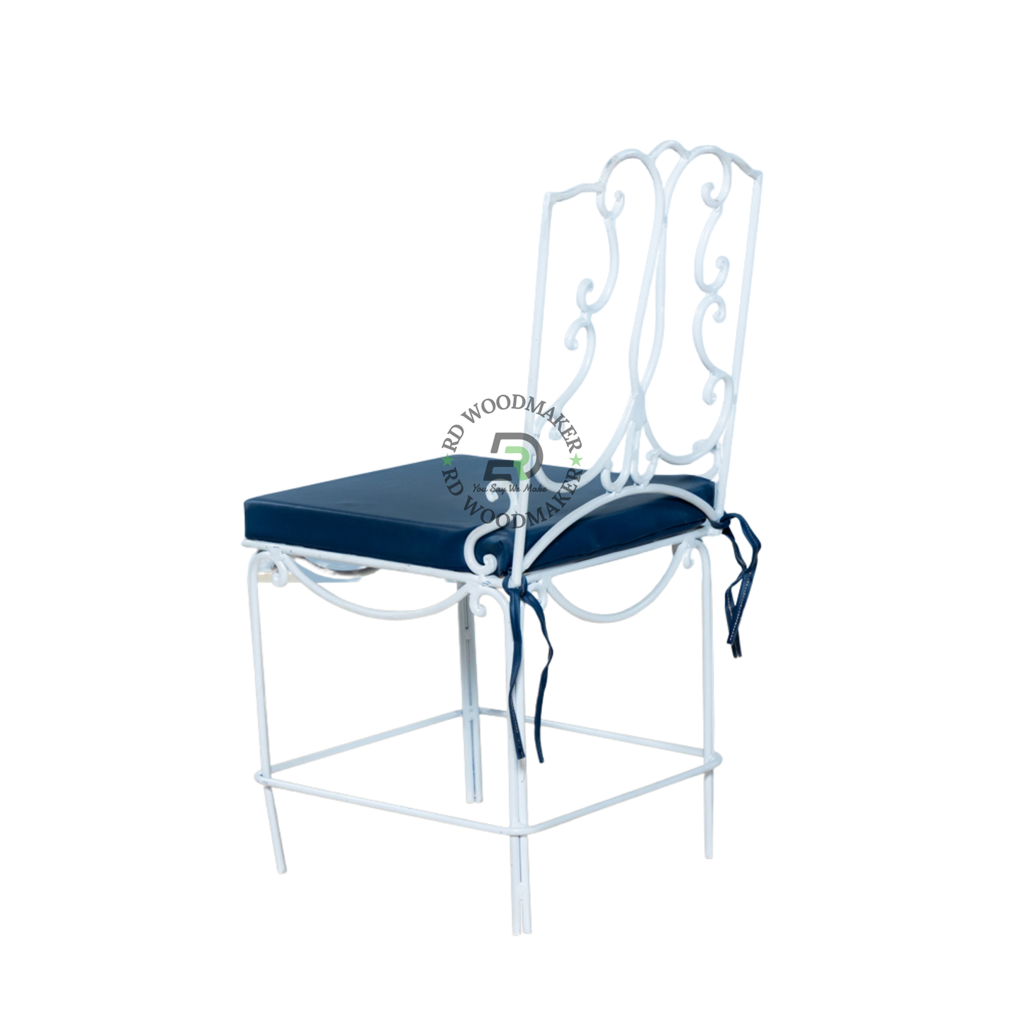 PREMIUM DECORATIVE WHITE METAL COUNTER CHAIR WITH BLUE CUSHION