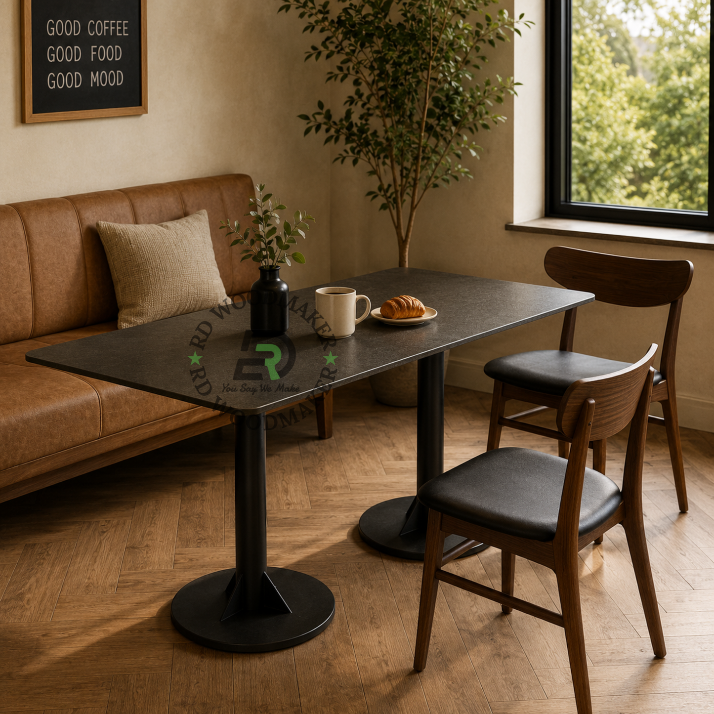 MODERN RECTANGULAR DARK TOP DINING TABLE WITH TWIN ROUND PEDESTALS