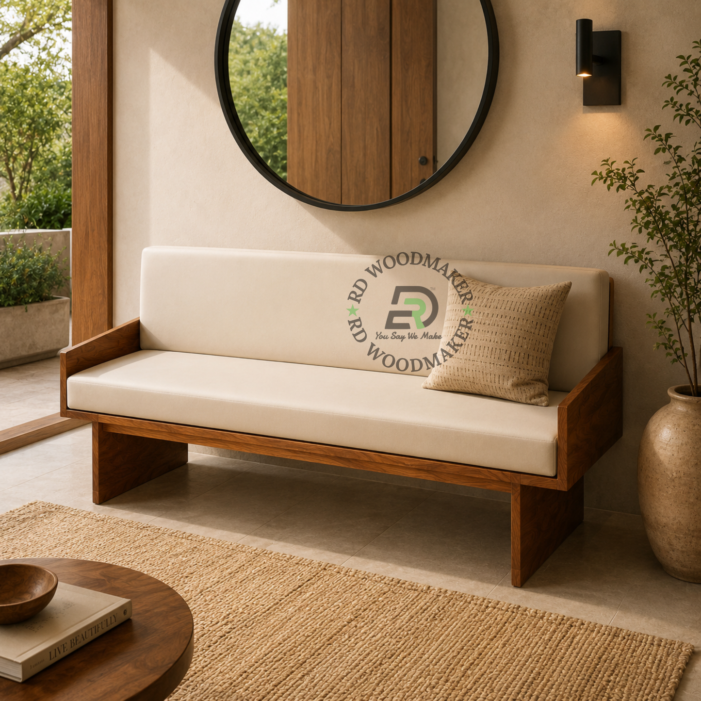 PREMIUM SOLID WOOD DAYBED SOFA WITH WHITE UPHOLSTERED CUSHIONS