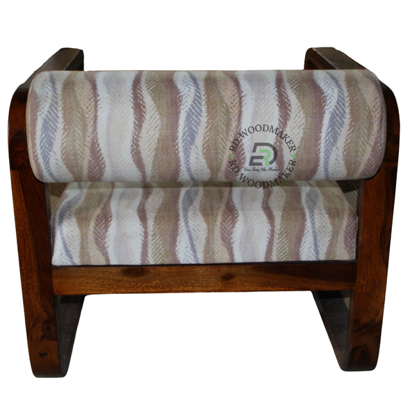 WOODEN CANE ARMCHAIR WITH PATTERNED UPHOLSTERY