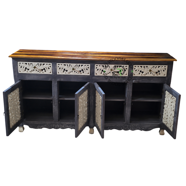HANDCARVED BLACK & IVORY WOODEN SIDEBOARD