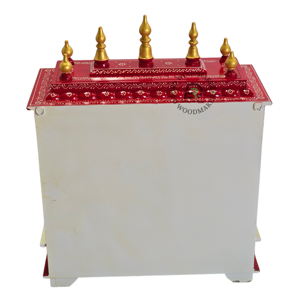 PREMIUM HAND-PAINTED IVORY & RED WOODEN HOME TEMPLE WITH OPEN SHRINE & DOUBLE STORAGE DRAWERS