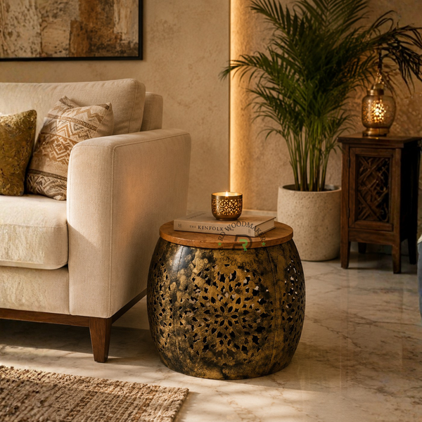 HANDCRAFTED METAL CUTWORK ACCENT SIDE TABLE WITH WOODEN TOP