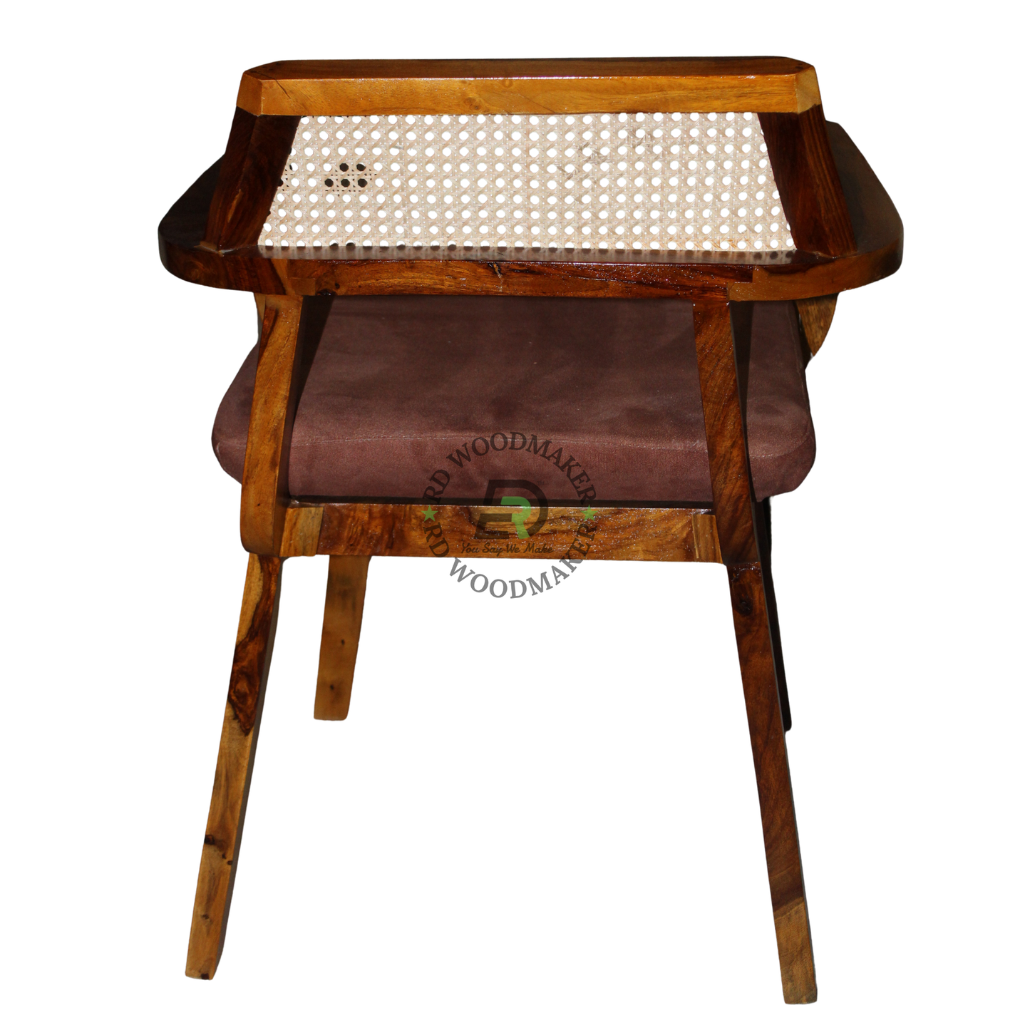 CANE BACK WOODEN DINING ARMCHAIR WITH BROWN CUSHION
