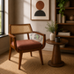CANE BACK WOODEN DINING ARMCHAIR WITH BROWN CUSHION