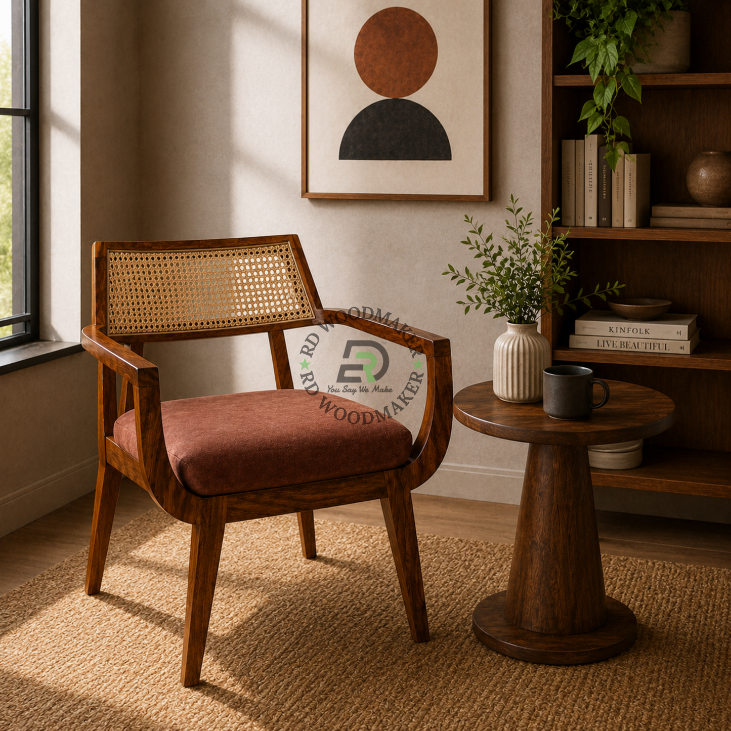 CANE BACK WOODEN DINING ARMCHAIR WITH BROWN CUSHION