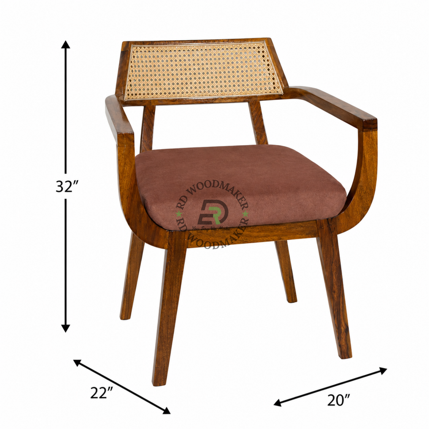 CANE BACK WOODEN DINING ARMCHAIR WITH BROWN CUSHION