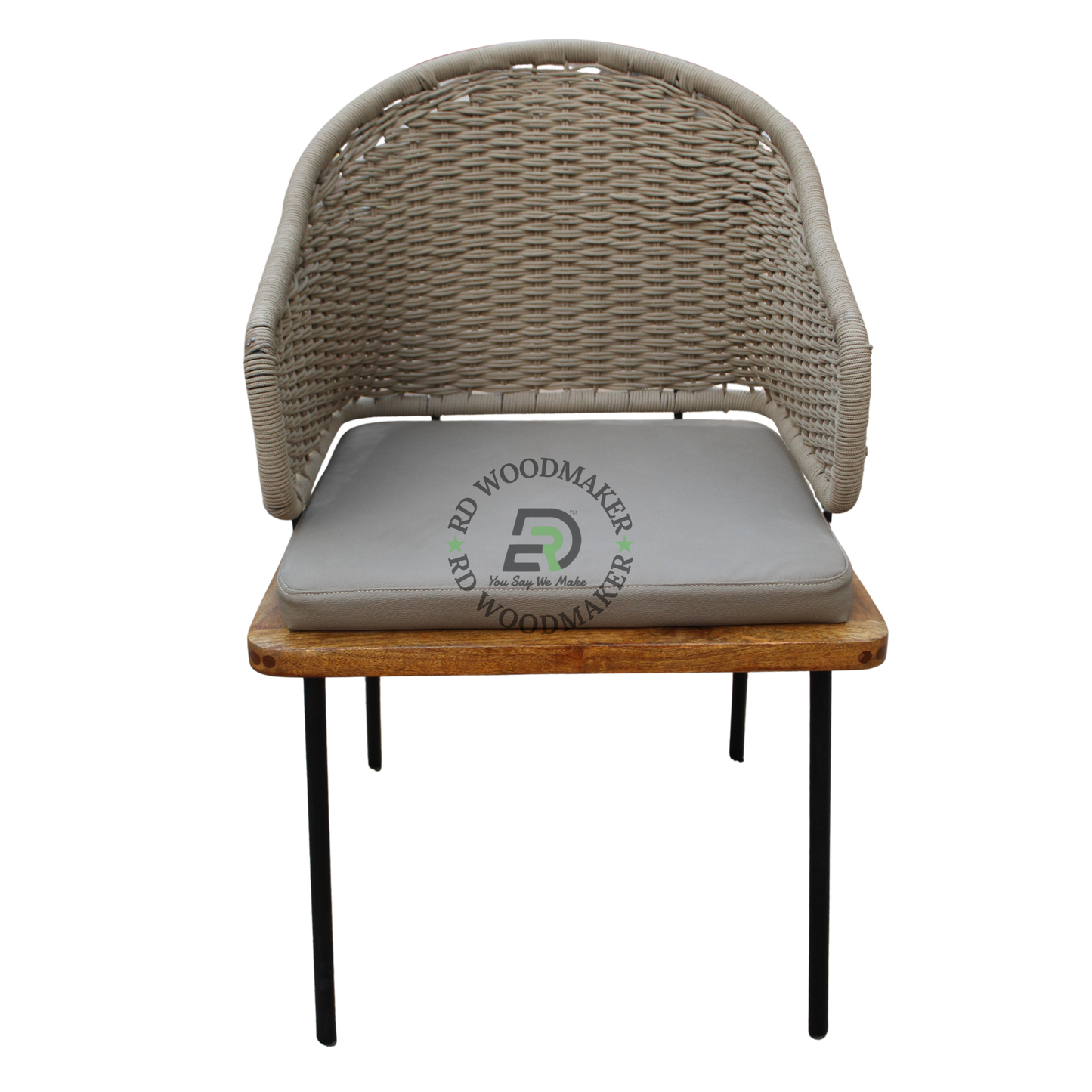 WOVEN RATTAN ARMCHAIR WITH BEIGE CUSHION AND WOODEN BASE