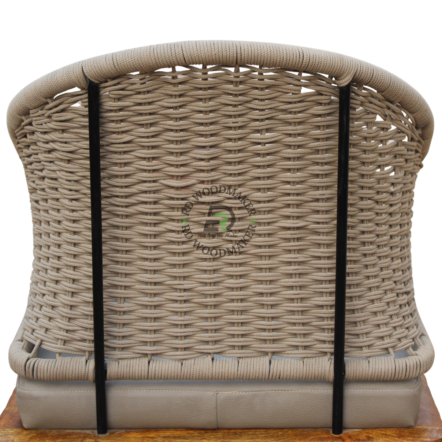 WOVEN RATTAN ARMCHAIR WITH BEIGE CUSHION AND WOODEN BASE