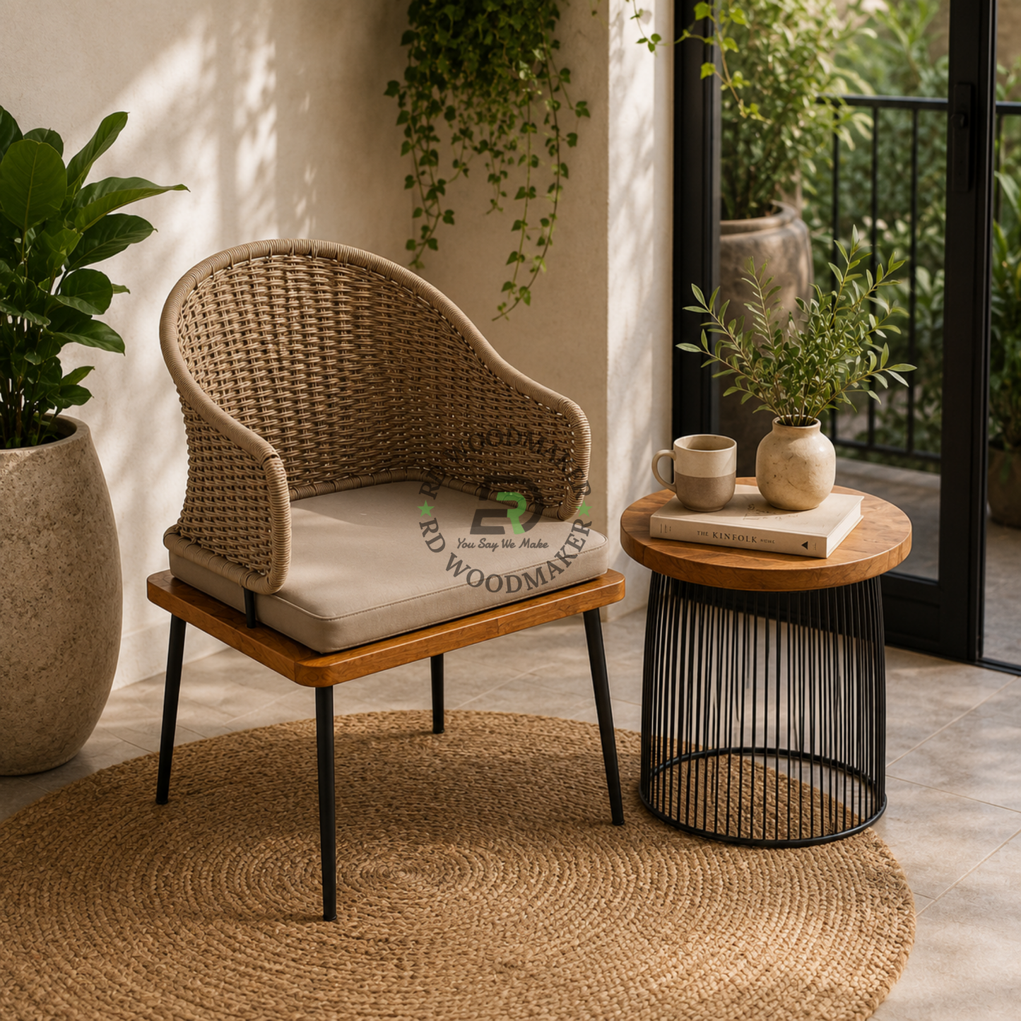WOVEN RATTAN ARMCHAIR WITH BEIGE CUSHION AND WOODEN BASE