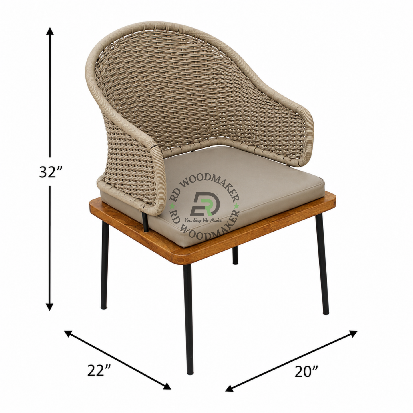 WOVEN RATTAN ARMCHAIR WITH BEIGE CUSHION AND WOODEN BASE