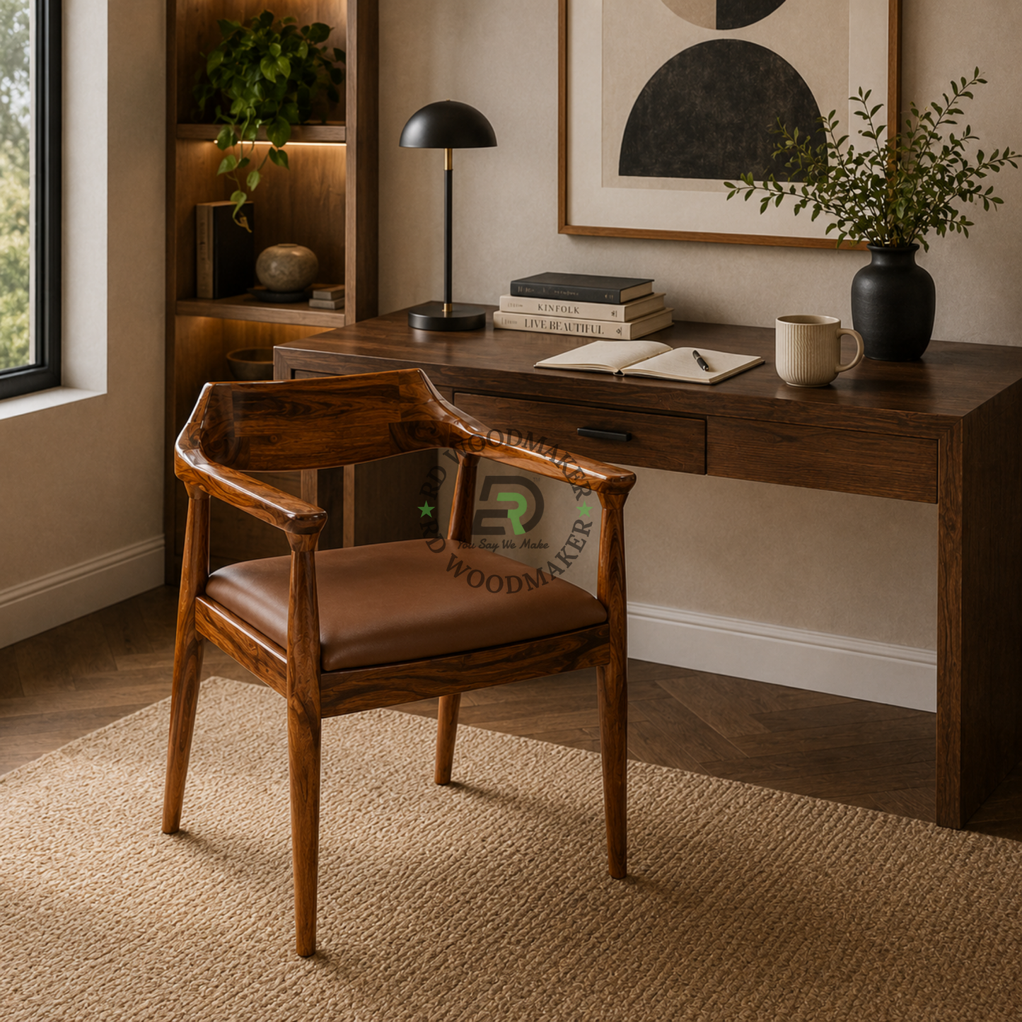PREMIUM SCULPTED WOODEN ARMCHAIR WITH BROWN CUSHION