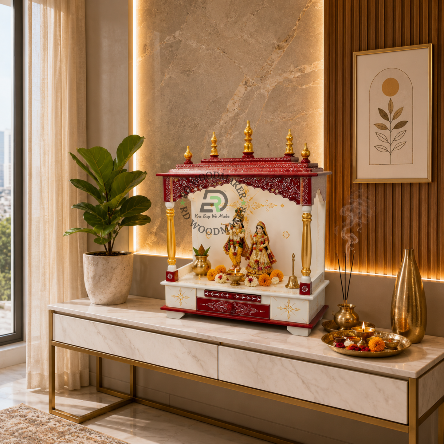 PREMIUM HAND-PAINTED IVORY & RED WOODEN HOME TEMPLE WITH OPEN SHRINE & DOUBLE STORAGE DRAWERS