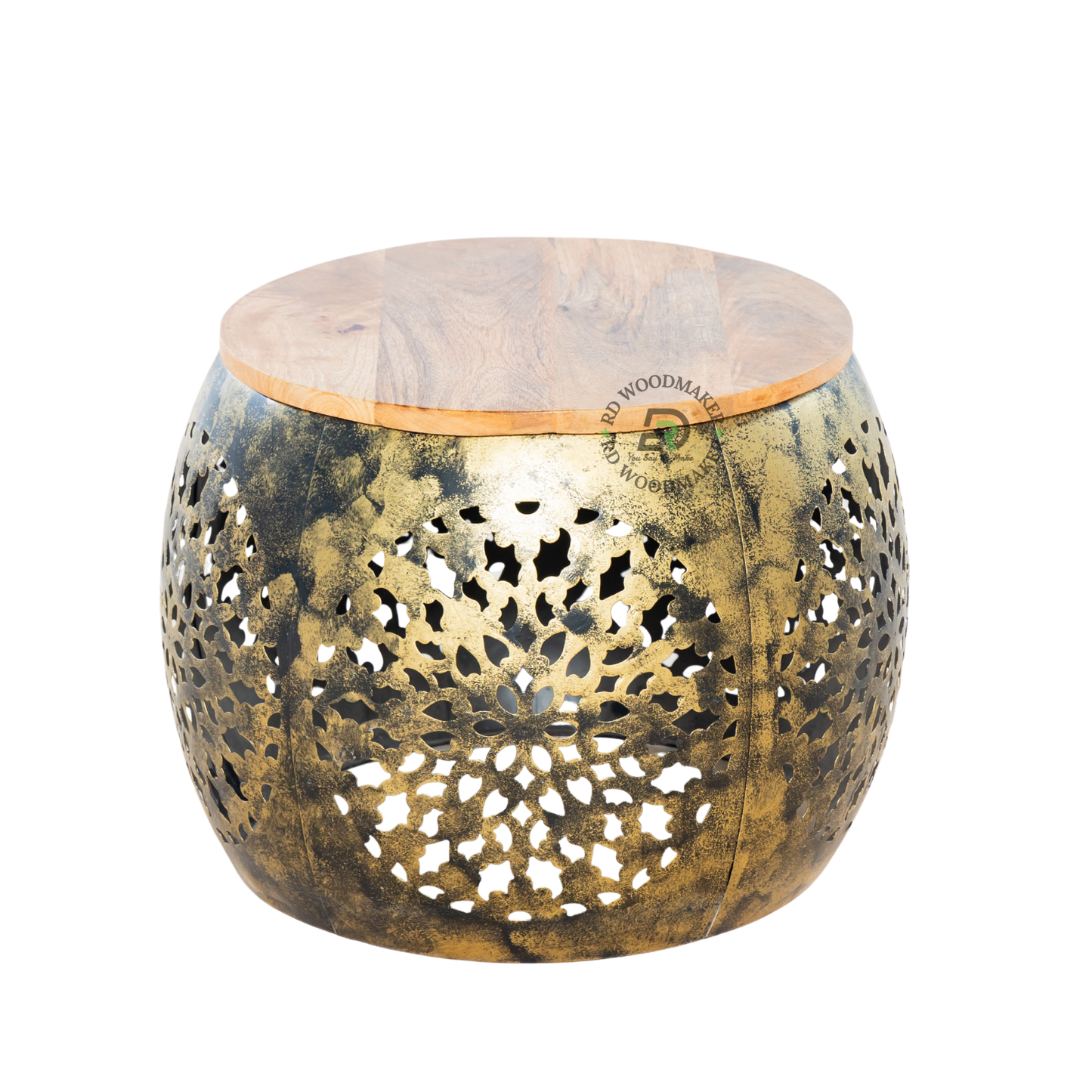 HANDCRAFTED METAL CUTWORK ACCENT SIDE TABLE WITH WOODEN TOP