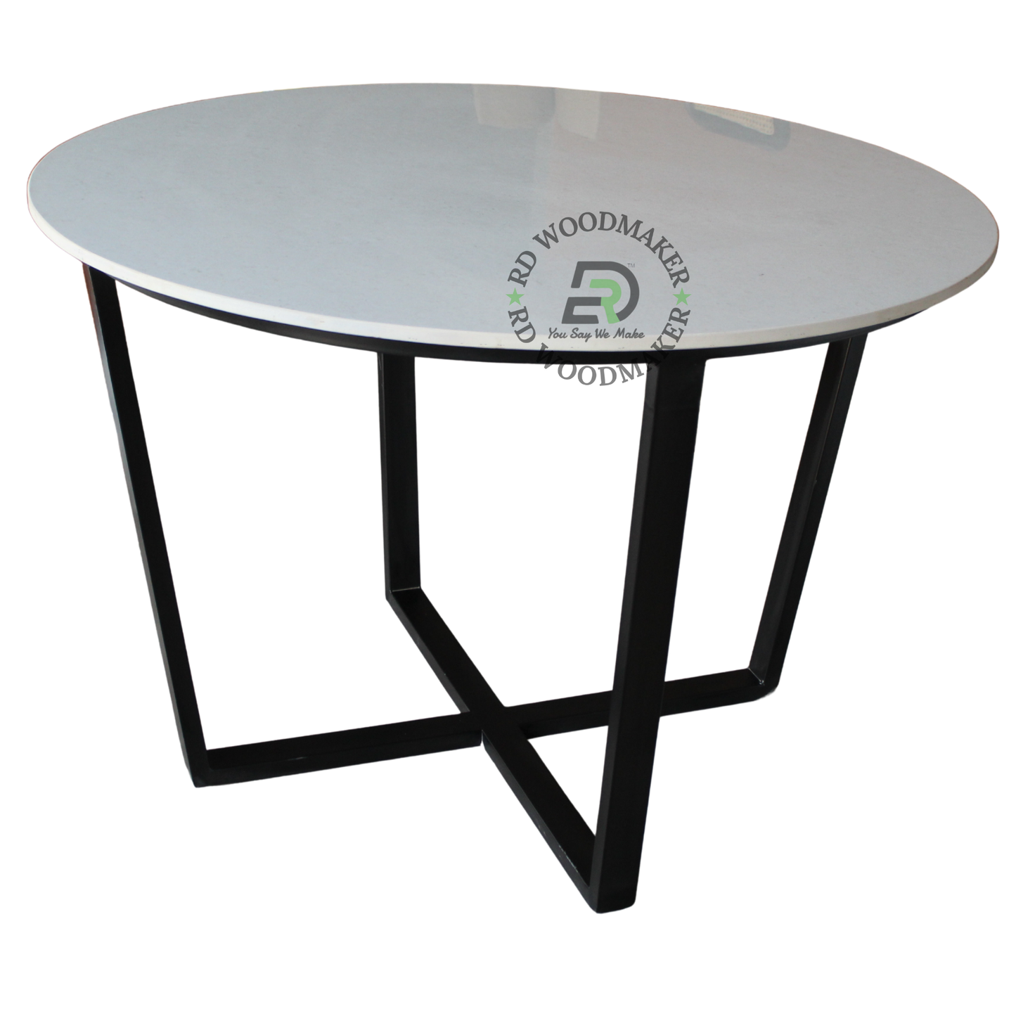 MODERN ROUND WHITE DINING TABLE WITH GEOMETRIC BLACK METAL FRAME