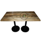 RECTANGULAR WOODEN DINING TABLE WITH TWIN ROUND METAL PEDESTAL BASE