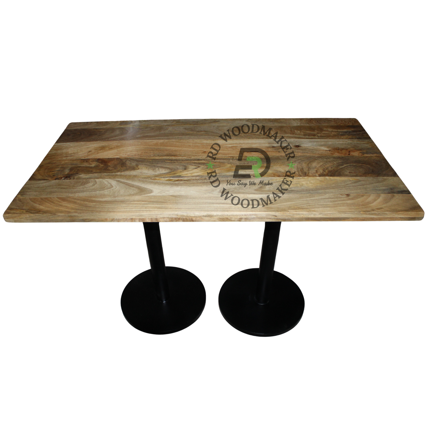 RECTANGULAR WOODEN DINING TABLE WITH TWIN ROUND METAL PEDESTAL BASE