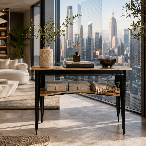 MODERN INDUSTRIAL WOOD & METAL CONSOLE TABLE WITH OPEN SHELF