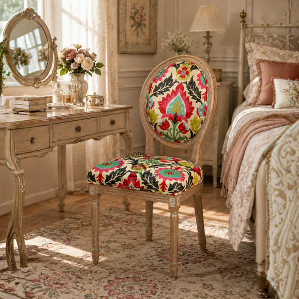 PREMIUM FLORAL UPHOLSTERED OVAL BACK DINING CHAIR WITH CARVED WOODEN FRAME