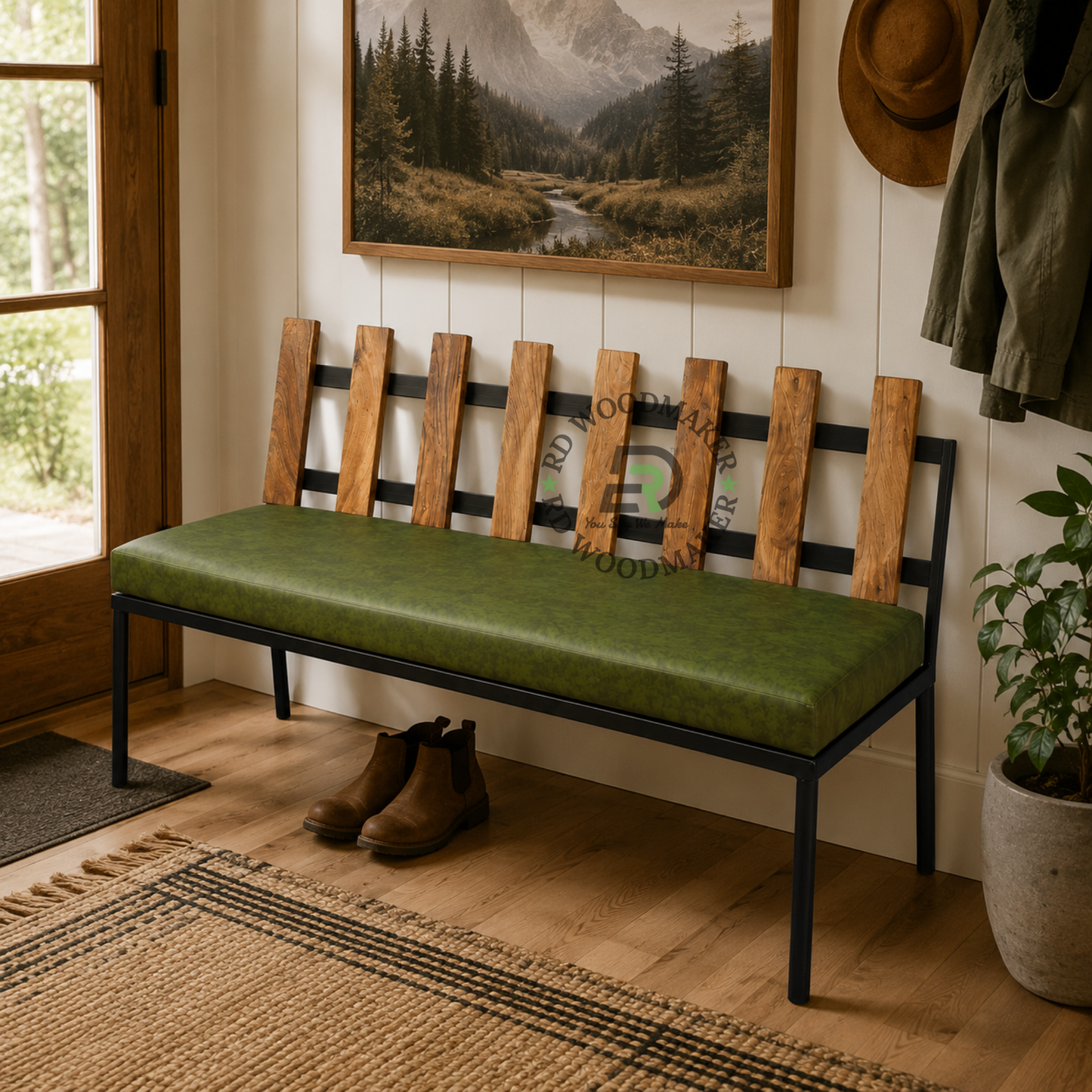 INDUSTRIAL OLIVE GREEN UPHOLSTERED CORNER SOFA SET WITH WOODEN SLAT BACKREST