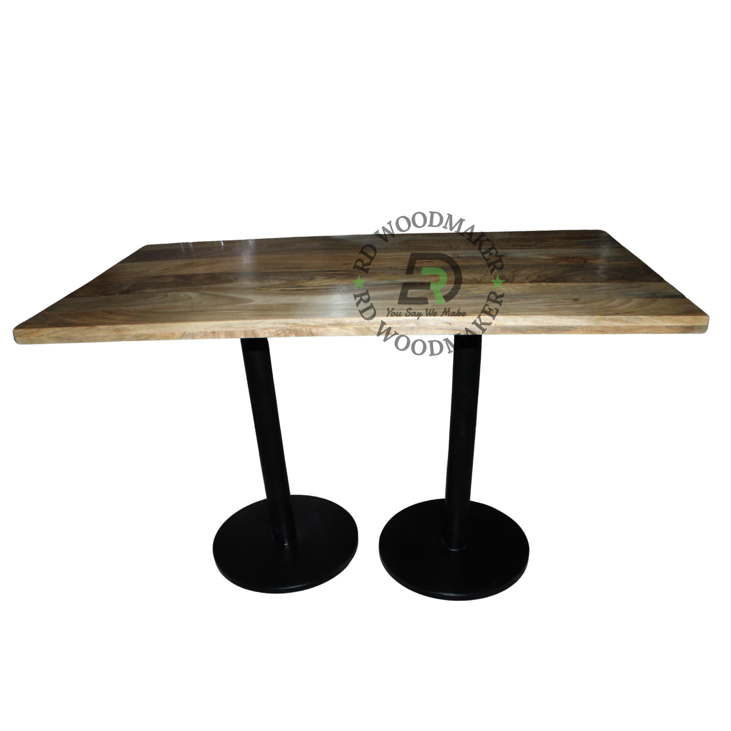 RECTANGULAR WOODEN DINING TABLE WITH TWIN ROUND METAL PEDESTAL BASE