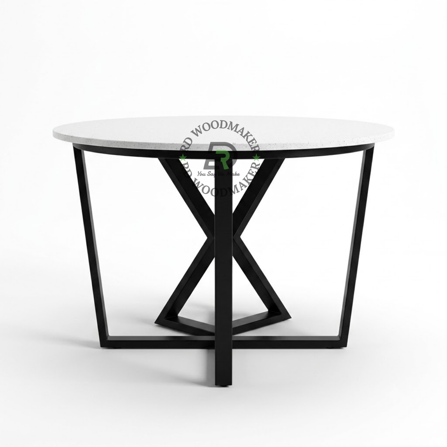 MODERN ROUND WHITE DINING TABLE WITH GEOMETRIC BLACK METAL FRAME