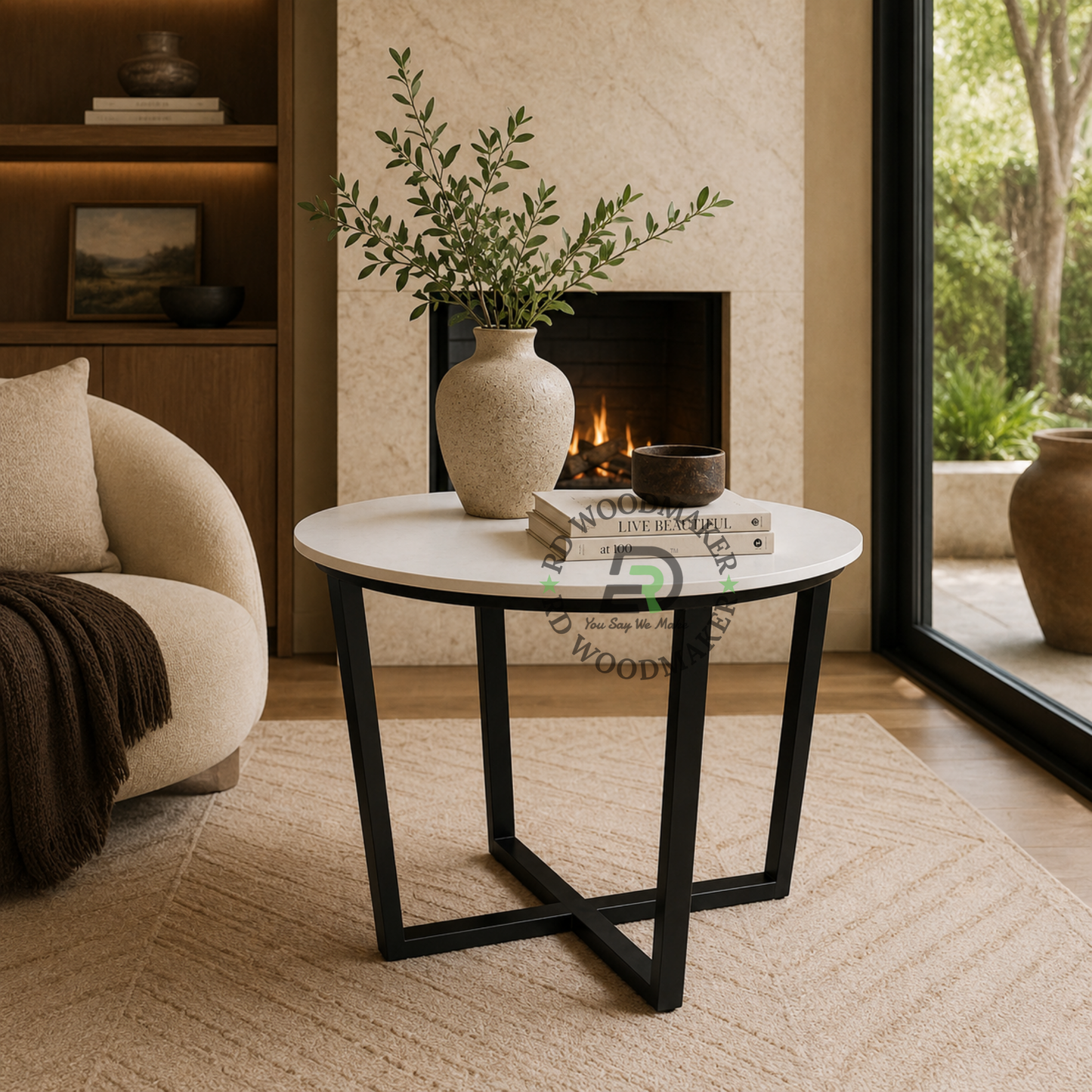 MODERN ROUND WHITE DINING TABLE WITH GEOMETRIC BLACK METAL FRAME