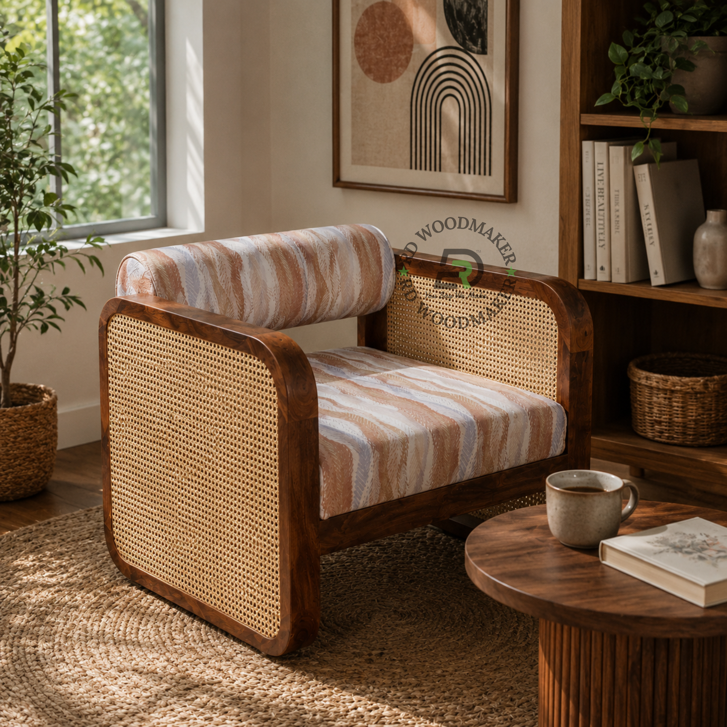 WOODEN CANE ARMCHAIR WITH PATTERNED UPHOLSTERY