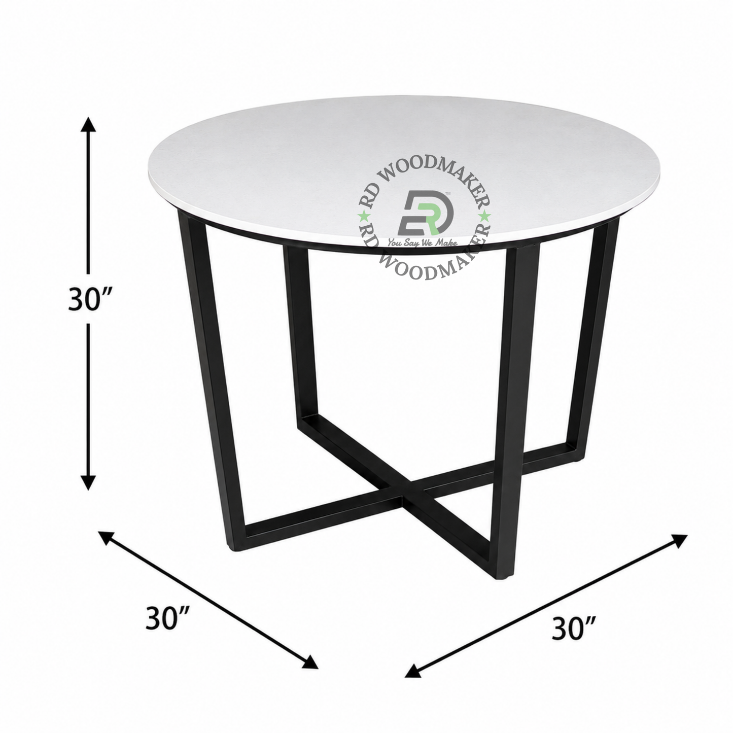 MODERN ROUND WHITE DINING TABLE WITH GEOMETRIC BLACK METAL FRAME
