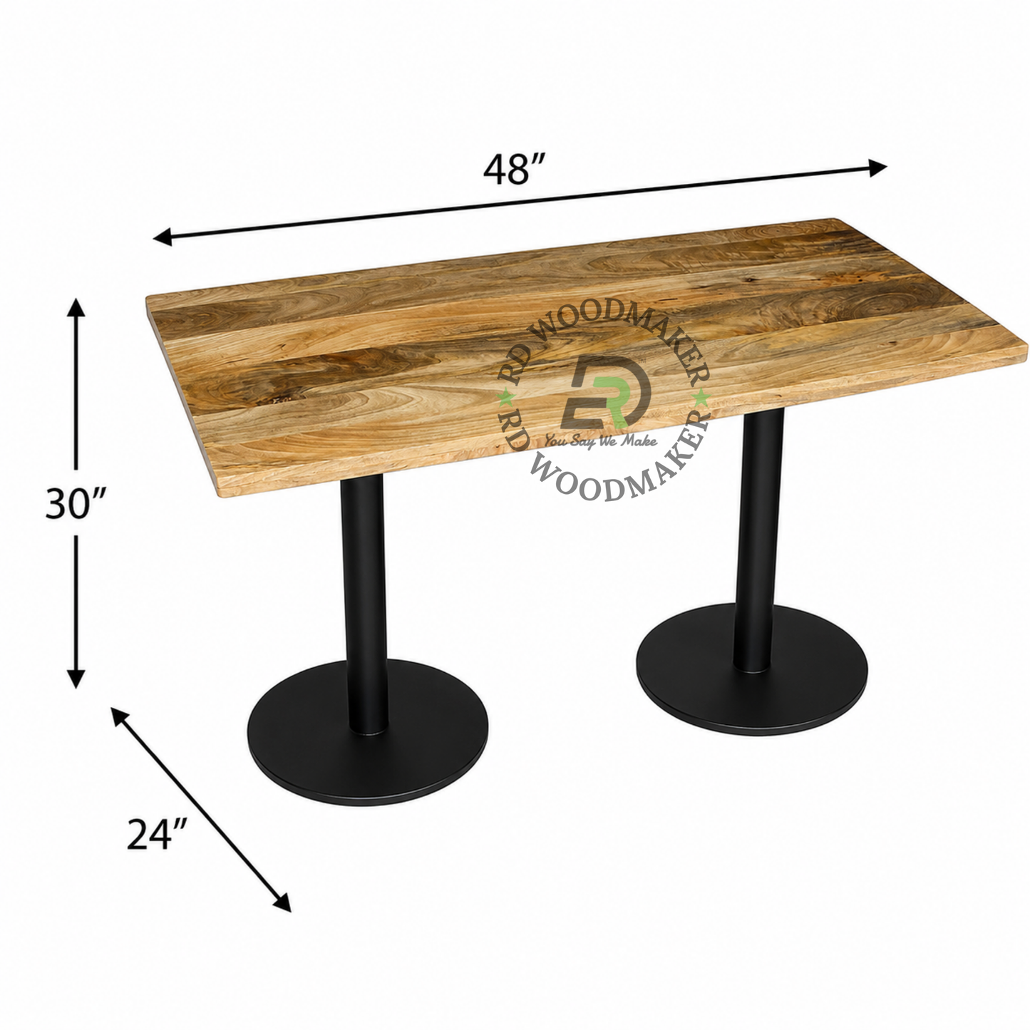 RECTANGULAR WOODEN DINING TABLE WITH TWIN ROUND METAL PEDESTAL BASE