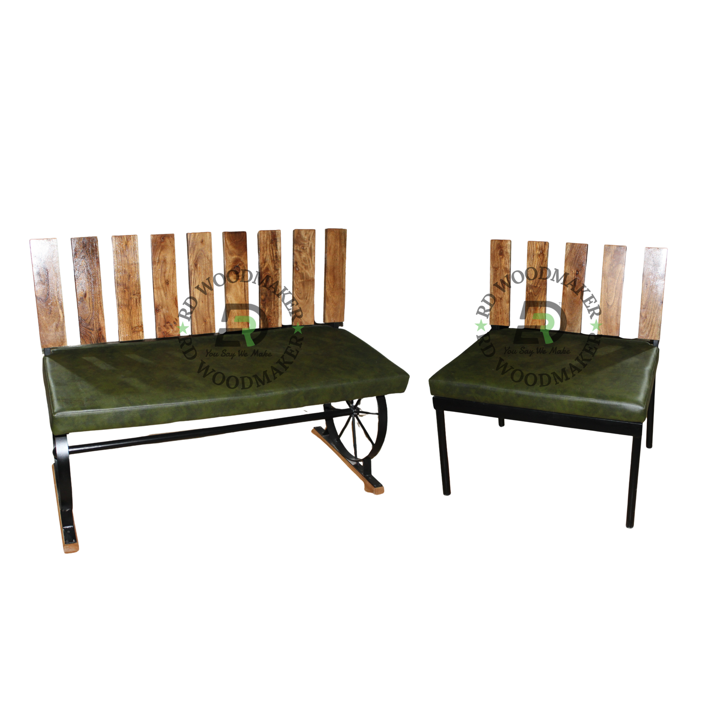 INDUSTRIAL OLIVE GREEN UPHOLSTERED CORNER SOFA SET WITH WOODEN SLAT BACKREST
