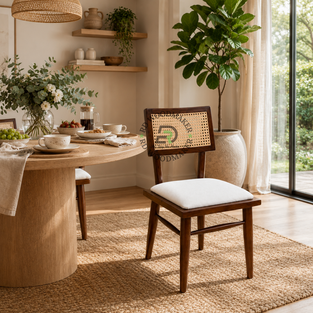 MID-CENTURY CANE BACK WOODEN DINING CHAIR